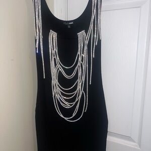 Black Sleeveless Dress with Silver Chain Fringe